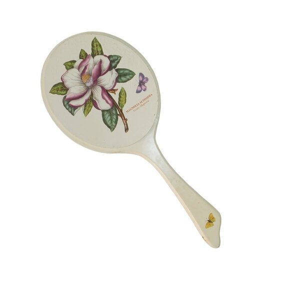 Ivory Hand-Held Mirror Painted Wood Magnolia Altissima Flower Gloss Finish VTG - Picture 1 of 8